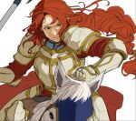  1girl armor axe battle braid couter fire_emblem fire_emblem:_path_of_radiance frown gauntlets green_eyes highres holding holding_axe horse horseback_riding long_hair pauldrons red_hair red_shirt riding scowl shirt shoulder_armor single_braid solo sutekina_yari titania_(fire_emblem) vambraces white_armor white_background white_horse 