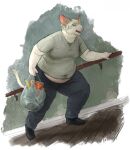  anthro bag belly bottomwear cettus clothed clothing domestic_cat eyes_closed felid feline felis food footwear fully_clothed hairless hairless_cat hakon_brandvold hand_on_railing hi_res holding_bag holding_object inside male mammal open_mouth overweight overweight_anthro overweight_male pants peterbald plastic_bag railing shirt shoes solo stairs topwear 