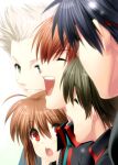 1girl 4boys ^_^ ahoge black_hair blurry brown_hair close-up closed_eyes commentary_request depth_of_field from_side grey_eyes grey_hair hair_between_eyes highres inohara_masato laughing light_blush little_busters! long_hair looking_at_another miyazawa_kengo multiple_boys naoe_riki natsume_kyousuke natsume_rin non-web_source open_mouth parted_lips profile red_eyes short_hair simple_background smile teeth upper_teeth_only white_background zen_(kamuro) 
