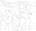  2022 anthro bed bedroom belly big_belly briefs cettus clothed clothing dialogue domestic_cat door dressing duo english_text felid feline felis female furniture hairless hairless_cat hakon_brandvold hi_res inside low-angle_view male mammal obese obese_anthro obese_male open_mouth opening_door oversized_shirt overweight overweight_anthro overweight_male panties partially_clothed peterbald shirt sigfrid_brandvold size_difference sketch slightly_chubby slightly_chubby_anthro slightly_chubby_female smile speech_bubble standing text topwear underwear walking 