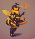  anthro arthropod bee bodily_fluids erection food genitals girly hi_res honey_(food) hymenopteran insect looking_at_viewer male nude pancake penis simple_background smile solo text thick_thighs tussamag wings 