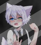  1boy animal_ears black_necktie blue_eyes blush character_request copyright_request heterochromia highres kissumi_kyouka long_sleeves looking_at_viewer necktie non-web_source open_mouth sleeves_rolled_up solo source_request tail upper_body yellow_eyes 