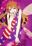  1girl american_flag_dress american_flag_legwear arai_ako bare_shoulders blonde_hair clownpiece dress fairy_wings highres holding holding_torch long_hair looking_at_viewer multicolored_clothes pantyhose polka_dot_headwear purple_background purple_headwear purple_nails red_eyes smile solo star_(symbol) star_print striped striped_dress torch touhou wings 
