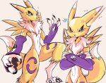  2023 3_fingers anthro armwear bandai_namco beezii black_sclera blue_eyes breasts bridal_gauntlets clothing cross-popping_vein crossed_arms digimon digimon_(species) dipstick_tail female fingers fur hi_res leg_markings markings neck_tuft onomatopoeia renamon small_breasts socks_(marking) solo sound_effects tail tail_markings text tuft white_body white_fur yellow_body yellow_fur 