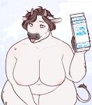  anthro aucherr belly bovid bovine breasts brown_eyes brown_hair cattle female fur hair hi_res holding_object horn looking_at_viewer mammal milk_carton navel nipples nude overweight overweight_anthro overweight_female solo tongue tongue_out white_body white_fur 