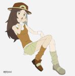  1girl alternate_color brown_footwear brown_hair brown_headwear brown_socks full_body grey_background jiffy0v0 leaf_(pokemon) looking_at_viewer open_mouth pokemon pokemon_masters_ex shirt simple_background sleeveless sleeveless_shirt socks solo twitter_username 