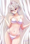  1girl ahoge artist_name bed_sheet bikini blush breasts cleavage collarbone earrings grey_hair groin gundam gundam_suisei_no_majo highres holding holding_sheet hoop_earrings jewelry ko-ki_(kkk51617587) large_breasts long_hair looking_at_viewer miorine_rembran navel purple_eyes signature skindentation solo swimsuit thigh_gap very_long_hair white_bikini 