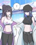  2girls ? bare_shoulders baseball_cap belt black_belt black_hair black_headwear black_pants black_shirt blue_archive blue_eyes blue_hair blue_sky breasts chest_harness choker closed_mouth cloud coat collarbone commentary_request cowboy_shot crop_top day flower green_choker groin hair_between_eyes hair_flower hair_ornament hair_scrunchie halo hamahyang harness hat highres holster indoors knife_sheath korean_commentary long_hair long_sleeves looking_at_another medium_breasts midriff mixed-language_commentary multicolored_hair multiple_girls navel no_mask off_shoulder open_clothes open_coat pants ponytail purple_belt purple_eyes purple_scrunchie saori_(blue_archive) scrunchie shared_speech_bubble sheath shirt sidelocks sky sleeveless sleeveless_shirt snap-fit_buckle speech_bubble spoken_question_mark sports_bra standing sumire_(blue_archive) thigh_holster trait_connection two-tone_hair underbust very_long_hair white_coat white_sports_bra yoga_pants 