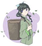  1girl absurdres backpack_basket basket blue_bow blunt_bangs bow chinese_clothes closed_mouth freckles green_hair green_shirt hair_bow highres holding_strap kusuriya_no_hitorigoto leaf long_hair long_sleeves looking_at_viewer maomao_(kusuriya_no_hitorigoto) purple_eyes shirt solo takehide upper_body wind 