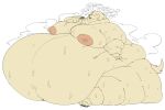  2021 anthro belly big_belly bodily_fluids breath butt canid canine cookie dialogue exhausted female food fur hand_on_stomach hi_res huge_belly hyper hyper_belly immobile mammal mature_female morbidly_obese morbidly_obese_anthro morbidly_obese_female musk_clouds navel nipples nude obese obese_anthro obese_female overweight overweight_anthro overweight_female panting paws simple_background smokii speech_bubble sweat tail tan_body tan_fur 