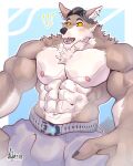  2023 abs abstract_background absurd_res anthro barazoku belt biceps big_bulge big_muscles blue_background border bottomwear bulge canid canine canis claws clothed clothing deltoids dylarts ear_piercing epic_games exclamation_point eyebrows fortnite fur hat headgear headwear hi_res huge_muscles looking_at_viewer male mammal muscular muscular_anthro muscular_male navel nipples obliques open_mouth pecs piercing serratus shorts signature simple_background solo teeth tongue topless topless_anthro topless_male tuft wendell_(fortnite) white_border wolf 