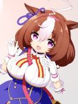  1girl :d @_@ ahoge animal_ears bag between_breasts blue_skirt breasts brown_background brown_hair center_frills chibi dutch_angle frills gloves hairband hands_up highres horse_ears kuena large_breasts long_sleeves looking_at_viewer meisho_doto_(umamusume) multicolored_hair pink_hairband shirt shoulder_bag simple_background skirt smile solo strap_between_breasts two-tone_hair umamusume white_background white_gloves white_hair white_shirt 
