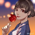  1girl 5tatsu blunt_bangs blurry blurry_background braid breasts brown_hair caramel crown_braid eating floral_print highres japanese_clothes kimono lips looking_at_viewer medium_breasts niijima_makoto parted_lips persona persona_5 red_eyes short_hair solo twitter_username upper_body 