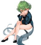  1girl black_dress breasts conto crossed_legs curly_hair dress from_above green_eyes green_hair hand_on_own_cheek hand_on_own_face high_heels looking_at_viewer one-punch_man petite psychic short_hair side_slit simple_background small_breasts tatsumaki white_background 