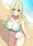  1girl aqua_eyes beach bikini bikini_skirt blonde_hair blush breasts cleavage frilled_bikini frills from_above green_bikini hair_ornament hairclip highres large_breasts long_hair looking_at_viewer navel sand senran_kagura senran_kagura_estival_versus senran_kagura_shinovi_versus smile solo striped striped_bikini surippa1010 swimsuit water yomi_(senran_kagura) 