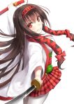  1girl absurdres ahoge brown_hair coat commentary floating_hair headband highres holding holding_sheath holding_sword holding_weapon katana kuji_kanesada_(tenka_hyakken) kurofuti low_tied_sidelocks obi obiage out_of_frame plaid plaid_skirt red_eyes red_ribbon red_skirt ribbon sash sheath skirt smile solo sparkle sword teeth tenka_hyakken thighhighs v-shaped_eyebrows weapon white_background white_coat white_thighhighs 