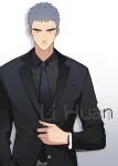  1boy black_shirt blue_eyes blue_hair breast_pocket buttoned_cuffs buttons closed_mouth collared_shirt commentary ddjuner formal gradient_background here_u_are highres lapels li_huan long_sleeves male_focus necktie pocket shirt short_hair solo suit upper_body watch wristwatch 