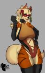  anthro arcanine big_breasts breasts canid canine choker clothing d-ring female flare_melune fluffy fluffy_tail generation_1_pokemon gloves handwear hi_res jewelry legwear leotard lipstick makeup mammal mask neck_tuft necklace nintendo pokemon pokemon_(species) shoulder_tuft smile solo superhero_costume tail theladybear thick_thighs thigh_highs tuft wide_hips 