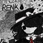  1girl black_hair black_headwear black_jacket bow character_name expressionless hair_bow highres jacket monochrome necktie omori parody red_necktie shirt sketch sleepwalk_zzz solo style_parody suit touhou usami_renko white_bow white_shirt 