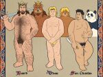  absurd_res alternate_species anthro arm_hair balls bear beard black_body black_eyebrows black_eyes black_fur black_hair black_pubes blonde_eyebrows blonde_hair blonde_pubes body_hair border brown_bear brown_beard brown_body brown_eyebrows brown_eyes brown_fur brown_hair brown_pubes chest_hair circlet crown dagger eye_contact eyebrows facial_hair facial_markings flaccid fur gem genitals giant_panda group hair happy_trail head_markings headgear hi_res holding_dagger holding_object holding_sword holding_weapon human humanized king king_regulus leg_hair lineup long_hair looking_aside looking_at_another male mammal markings medieval melee_weapon missing_tooth overweight overweight_male pecs penis prince_orion pubes quasarbearcat reverse_grip rogue royalty shoulder_hair side_by_side simple_background slightly_chubby smile standing sun_chao sword teeth_showing text textured_background tooth_gap ursine wavy_hair weapon white_body white_fur yellow_eyes 