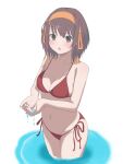  1girl bob_cut breasts brown_eyes brown_hair cleavage hair_ribbon hairband highres medium_breasts medium_hair navel rai_iceblast ribbon simple_background solo standing suzumiya_haruhi suzumiya_haruhi_no_yuuutsu wading water white_background yellow_hairband yellow_ribbon 