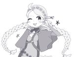  1girl ;o absurdres ahoge belt braid capelet facing_viewer fire_emblem fire_emblem_fates greyscale hairband harness highres hood hooded_capelet ju1cyp1neapple looking_to_the_side low_twin_braids monochrome nina_(fire_emblem) o-ring o-ring_harness one_eye_closed open_mouth parted_bangs smile twin_braids 