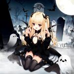  1girl :d animal bare_shoulders bare_tree bat_(animal) black_dress black_footwear black_thighhighs black_wings blonde_hair breasts bug claw_pose commentary_request demon_girl demon_horns demon_tail demon_wings dress fang full_moon ghost hair_between_eyes hands_up heart horns loading_(verjuice) long_hair long_sleeves looking_at_viewer moon nail_polish night night_sky original outdoors puffy_long_sleeves puffy_sleeves red_eyes red_nails shoes sitting sky small_breasts smile solo spider tail thighhighs tombstone tree two_side_up very_long_hair wariza wings 