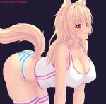  1girl :q animal_ears ass bare_arms bare_shoulders blonde_hair blush breasts cat_ears cat_girl cat_tail cleavage closed_mouth commentary english_commentary highres large_breasts long_hair looking_at_viewer nottytiffy original panties patreon_username red_eyes simple_background smile solo striped striped_panties tail thighhighs thighs tiffy_(nottytiffy) tongue tongue_out underwear white_thighhighs 