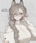  1girl animal_ears arknights bespectacled black_nails book braid breasts bright_pupils brown_hair extra_ears eyebrow_piercing gae_tteok00 glasses grey_background hand_up highres holding holding_book large_breasts long_hair long_sleeves looking_at_viewer multicolored_nails notice_lines penance_(arknights) piercing red_nails shirt simple_background solo speech_bubble two-tone_nails upper_body white_pupils white_shirt wolf_ears wolf_girl yellow_eyes 
