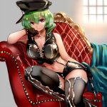  1girl alternate_costume black-framed_eyewear black_headwear black_skirt breasts chair cleavage closed_mouth cross-laced_clothes dominatrix green_hair grey_background kazami_yuuka large_breasts looking_at_viewer nagare red_eyes short_hair sitting skirt smile solo touhou 