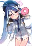  1girl blue_archive blue_hair blue_headwear blue_necktie blush bow closed_mouth doughnut food fubuki_(blue_archive) hair_between_eyes hair_bow halo hat highres holding holding_food jacket leonat long_hair long_sleeves low_twintails multicolored_hair necktie open_clothes open_jacket panties red_eyes shirt simple_background solo striped striped_panties twintails twitter_username two-tone_hair underwear white_background white_bow white_hair white_jacket white_panties white_shirt 