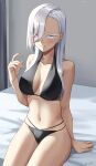  1girl absurdres bikini black_bikini breasts hair_over_one_eye hand_up highres indoors komi-san_wa_komyushou_desu large_breasts long_hair looking_at_viewer navel rami_kawai sitting solo swimsuit thick_eyelashes white_eyes white_hair yuhi 