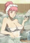  1girl absurdres bare_shoulders bottle breasts cleavage closed_mouth commission cup english_commentary fence fire_emblem fire_emblem:_three_houses fire_emblem_warriors:_three_hopes hair_bun highres hilda_valentine_goneril holding holding_cup large_breasts naked_towel official_alternate_hairstyle onsen partially_submerged pink_eyes pink_hair rock sakazuki sake_bottle smile solo steam tak0baka towel towel_on_head water 