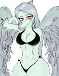  2023 amber_eyes anthro bikini black_bikini black_clothing black_swimwear breasts cleavage clothed clothing curvy_figure digital_drawing_(artwork) digital_media_(artwork) dinosaur elbow_feathers eyelashes eyeliner fang_(gvh) feathered_wings feathers female goodbye_volcano_high grey_body grey_scales hair hand_behind_head hi_res hourglass_figure jorgeroman574 long_hair looking_at_viewer makeup navel pterodactylus pterosaur reptile scales scalie side-tie_bikini silver_hair simple_background skimpy skimpy_bikini small_waist smile snoot_game snout solo string_bikini swimwear thick_thighs voluptuous white_background wide_hips wings 