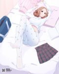  1girl absurdres arms_up breasts brown_eyes brown_hair curly_hair highres looking_at_viewer lying medium_breasts midriff okumura_haru on_back on_bed pantyhose persona persona_5 pillow plaid plaid_skirt pleated_skirt rifyaa short_hair skirt smile solo turtleneck white_pantyhose 
