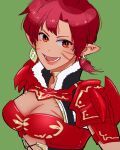  1girl :d armor breasts cleavage earrings facial_mark highres jewelry looking_at_viewer open_mouth phia_mell pointy_ears red_eyes red_hair short_hair simple_background smile solo sowasan_(sowasowa) star_ocean star_ocean_anamnesis star_ocean_first_departure 