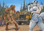  2022 anthro bared_teeth beaver biceps binoculars bottomwear breasts butt canid canine canis chainsaw cleavage clothed clothing crop_top cutoffs denim denim_clothing domestic_dog duo_focus eye_patch eyewear female fist_in_palm forest group hotchkisstank imminent_fight log mammal mockery muscular muscular_anthro muscular_female open_mouth outside plant power_tool rodent self_grope shirt shorts thick_thighs tools topwear tree under_boob wolf wood 