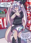  absurd_res anthro blue_eyes blue_hair bottomwear clothed clothing crossdressing diaper diaper_check dragon duo embarrassed front_view glistening glistening_eyes grey_bottomwear grey_clothing grey_legwear grey_skirt grey_topwear hair hi_res horn infantilism inside legwear male membrane_(anatomy) membranous_wings multicolored_hair open_mouth public riddlr skirt solo_focus standing tail tan_body tan_tail topwear two_tone_hair wearing_diaper white_body white_hair white_tail wings 