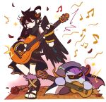  2boys ahoge angel angel_wings armor black_hair cape closed_eyes dark_pit flower full_body guitar holding holding_guitar holding_instrument homriette instrument kid_icarus kid_icarus_uprising kirby_(series) laurel_crown male_focus mask meta_knight multiple_boys music musical_note pauldrons playing_instrument red_flower red_rose rose scarf shoulder_armor standing vambraces wings 