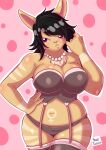  2016 absurd_res anthro big_breasts black_hair breasts brown_body brown_fur chest_tuft clothed clothing female female_symbol fur garter_belt garter_straps gender_symbol hair hand_on_hip haniel hi_res janice_flynn jewelry lagomorph legwear leporid lingerie long_ears mammal markings mature_female navel necklace panties partially_clothed pose purple_eyes rabbit short_hair signature simple_background slightly_chubby solo stockings symbol thick_thights topwear tuft underwear wide_hips 