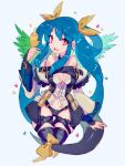  1girl angel_wings asymmetrical_wings bare_shoulders bird black_thighhighs blue_hair blue_wings bow breasts cleavage dark_blue_hair detached_sleeves dizzy_(guilty_gear) feathered_wings feathers green_feathers green_wings guilty_gear guilty_gear_xrd guilty_gear_xx hair_ribbon hair_rings highres large_breasts long_hair monster_girl pink_eyes ribbon tail tail_bow tail_ornament tail_ribbon thighhighs wings yellow_ribbon yohane_shimizu 
