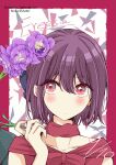  1boy banjou_azusa blush crossdressing flower koisuru_(otome)_no_tsukurikata mihate_hiura otoko_no_ko pink_eyes purple_flower short_hair tagme 