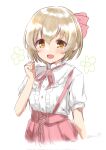  1girl blonde_hair bob_cut bow buttons child clenched_hand collared_shirt dot_nose flower_(symbol) frilled_shirt frilled_shirt_collar frills hair_between_eyes hair_bow hand_up highres idolmaster idolmaster_cinderella_girls idolmaster_cinderella_girls_u149 koga_koharu light_blush looking_at_viewer neck_ribbon open_mouth overall_skirt paopao pink_bow pink_ribbon pink_skirt ribbon shirt short_hair short_sleeves signature simple_background skirt smile solo straight_hair strap upper_body white_background white_shirt yellow_eyes 