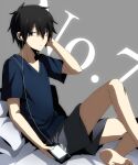  1boy bare_legs bed_sheet black_eyes black_hair blue_shirt character_name closed_mouth commentary earphones feet_out_of_frame fingernails grey_background grey_shorts hair_between_eyes hand_on_own_head holding_digital_media_player kagerou_project kisaragi_shintarou long_bangs looking_away looking_to_the_side male_focus mekakucity_actors on_pillow screen_light setoo0115 shirt short_hair short_sleeves shorts simple_background sitting solo 