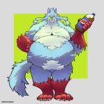  4_toes 5_fingers absurd_res anthro belly beverage big_belly blue_body blue_fur campfire_cooking_in_another_world_with_my_absurd_skill canid canine canis feet fel_(fenrir) fingers fluffy fluffy_tail fur green_eyes hand_on_stomach hands_on_belly hi_res holding_beverage holding_object logo looking_at_viewer male mammal mindof multicolored_body multicolored_fur narrowed_eyes overweight overweight_anthro overweight_male pepsi pink_inner_ear pink_nose pubes red_feet red_hands sharp_teeth solo standing tail teeth toes twitter_handle wolf 