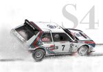  1boy car driving english_commentary helmet highres lancia_delta_s4 martini_(brand) motor_vehicle race_vehicle racecar rally_car real_life sei_illustrations sergio_cresto snow solo spoiler_(automobile) vehicle_focus vehicle_name world_rally_championship 