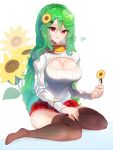  1girl absurdres adapted_costume black_thighhighs breasts cleavage commentary flower full_body green_hair hair_flower hair_ornament highres holding holding_flower kaliningradg kazami_yuuka large_breasts long_hair looking_at_viewer parted_lips red_eyes simple_background solo sunflower sweater symbol-only_commentary thighhighs touhou white_background white_sweater 