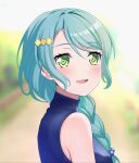  1girl aqua_hair bang_dream! blue_shirt blurry blurry_background braid fries_vanquisher green_eyes hair_ornament hair_over_shoulder hairclip highres hikawa_sayo light_blush long_hair looking_at_viewer ribbed_shirt shirt single_braid sleeveless sleeveless_shirt smile solo turtleneck 