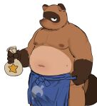  2023 absurd_res animal_crossing anthro apron belly big_belly bodily_fluids brown_body bulge canid canine clothing hi_res humanoid_hands kemono male mammal money_bag moobs navel nintendo nipples overweight overweight_male raccoon_dog simple_background solo ssu_open sweat tanuki tom_nook_(animal_crossing) white_background 