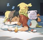  1boy ace_attorney antenna_hair apollo_justice bed blush bracelet brown_hair closed_eyes covered_mouth crossover highres jewelry jigglypuff kaeru_(qingwali) lying on_stomach pikachu pillow poke_ball pokemon pokemon_(creature) psyduck red_shirt shirt short_hair short_sleeves sleeping solo spheal t-shirt twitter_username zzz 